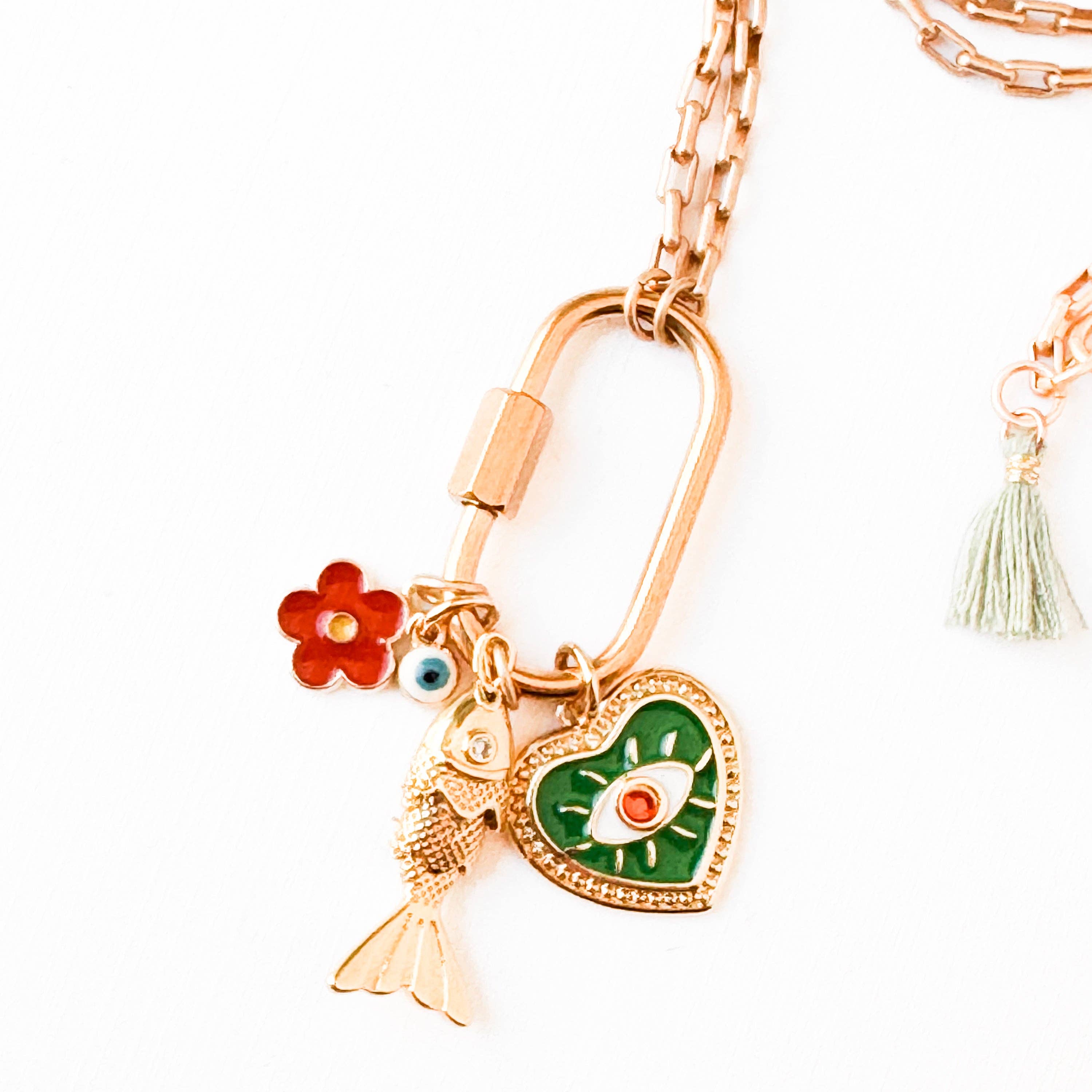 Small Gold Carabiner Charm Necklace with Fish &amp; Green Heart Charms