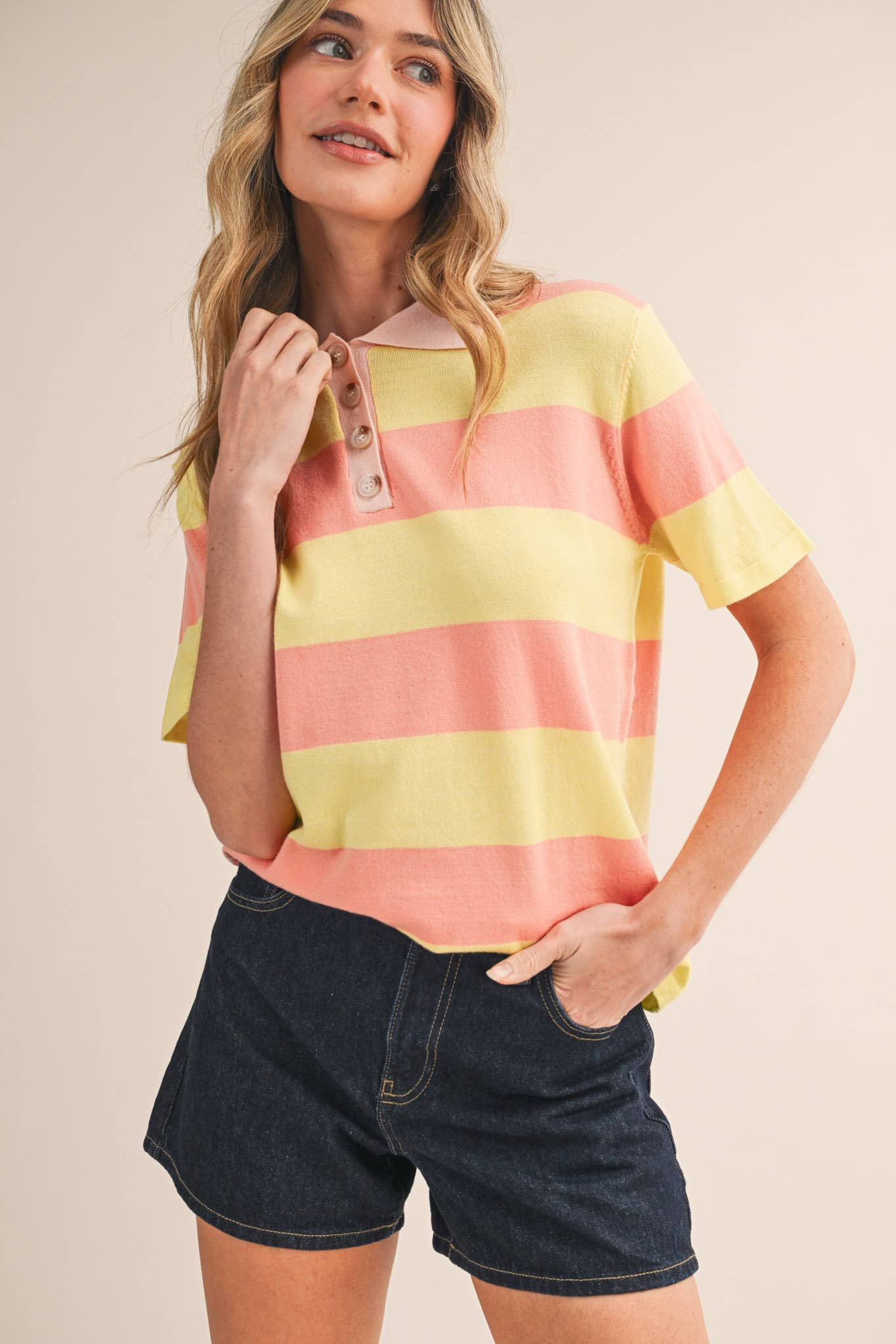 Striped Sweater Knit Short Sleeve Polo