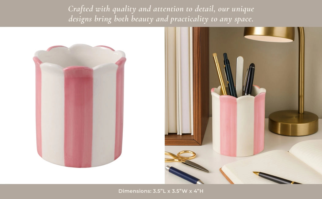 Pencil Cup - Pink/Ivory Ceramic Decorative Striped