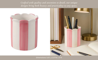 Pencil Cup - Pink/Ivory Ceramic Decorative Striped