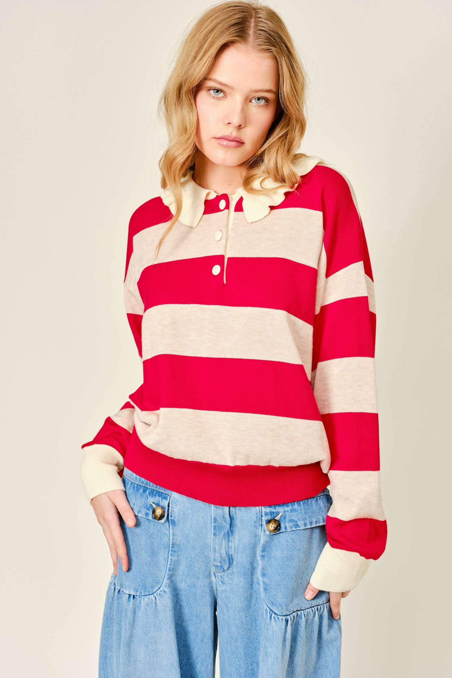 Striped Ruffle Collar Polo Style Sweater