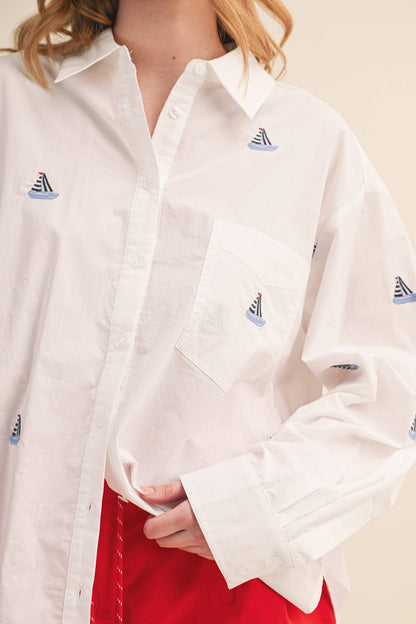 Sailboat Embroidery Button Down Shirt