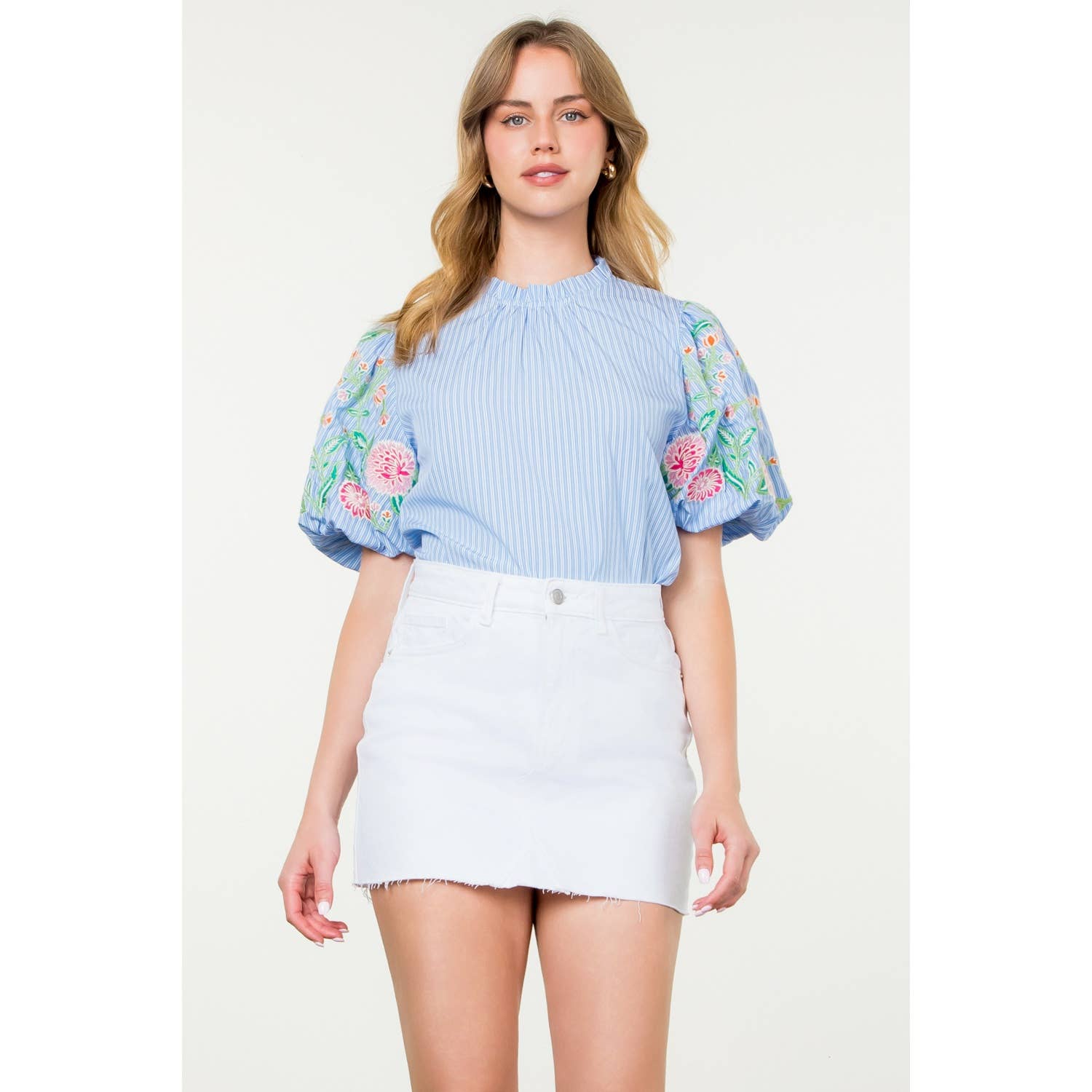 Embroidered Puff Sleeve Striped Top