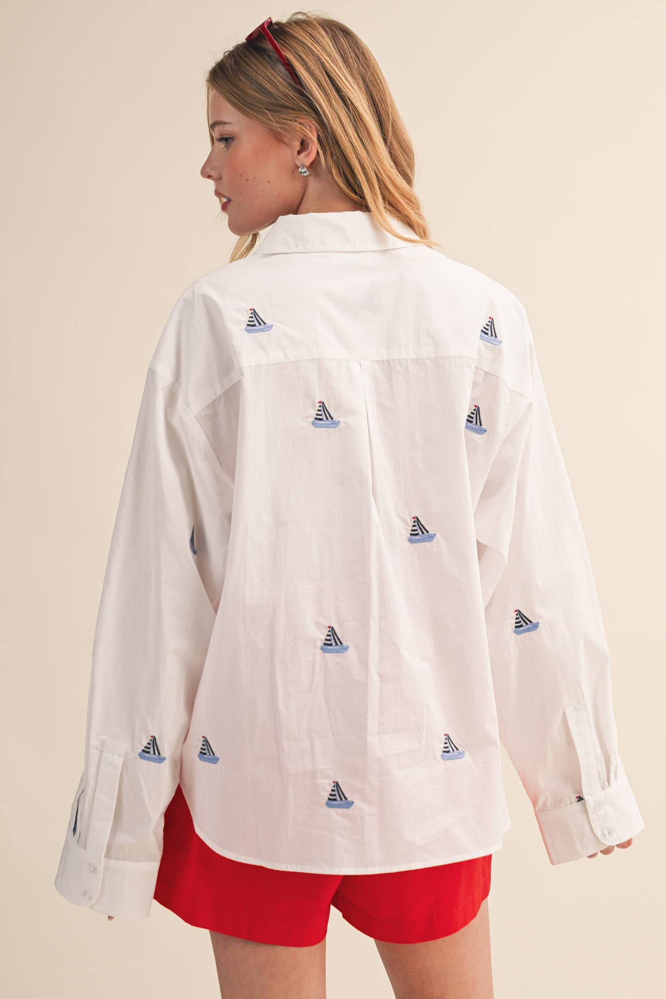 Sailboat Embroidery Button Down Shirt