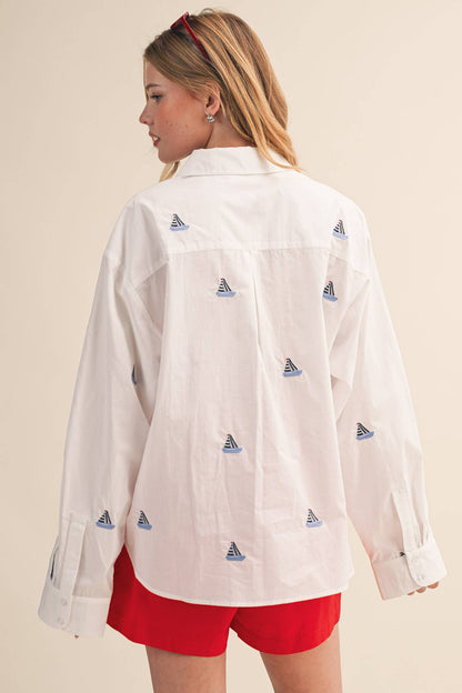 Sailboat Embroidery Button Down Shirt