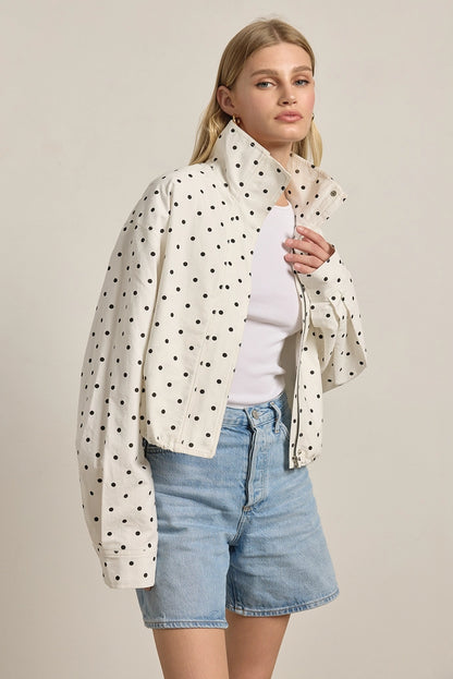 Polka Dot High Neck Drawstring Pullover Jacket