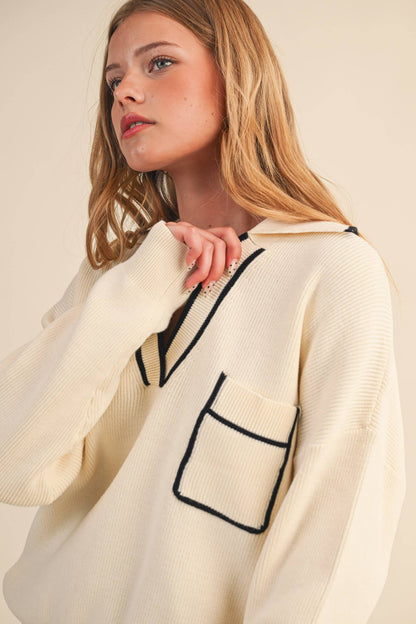Ribbed Collared Pullover Sweater