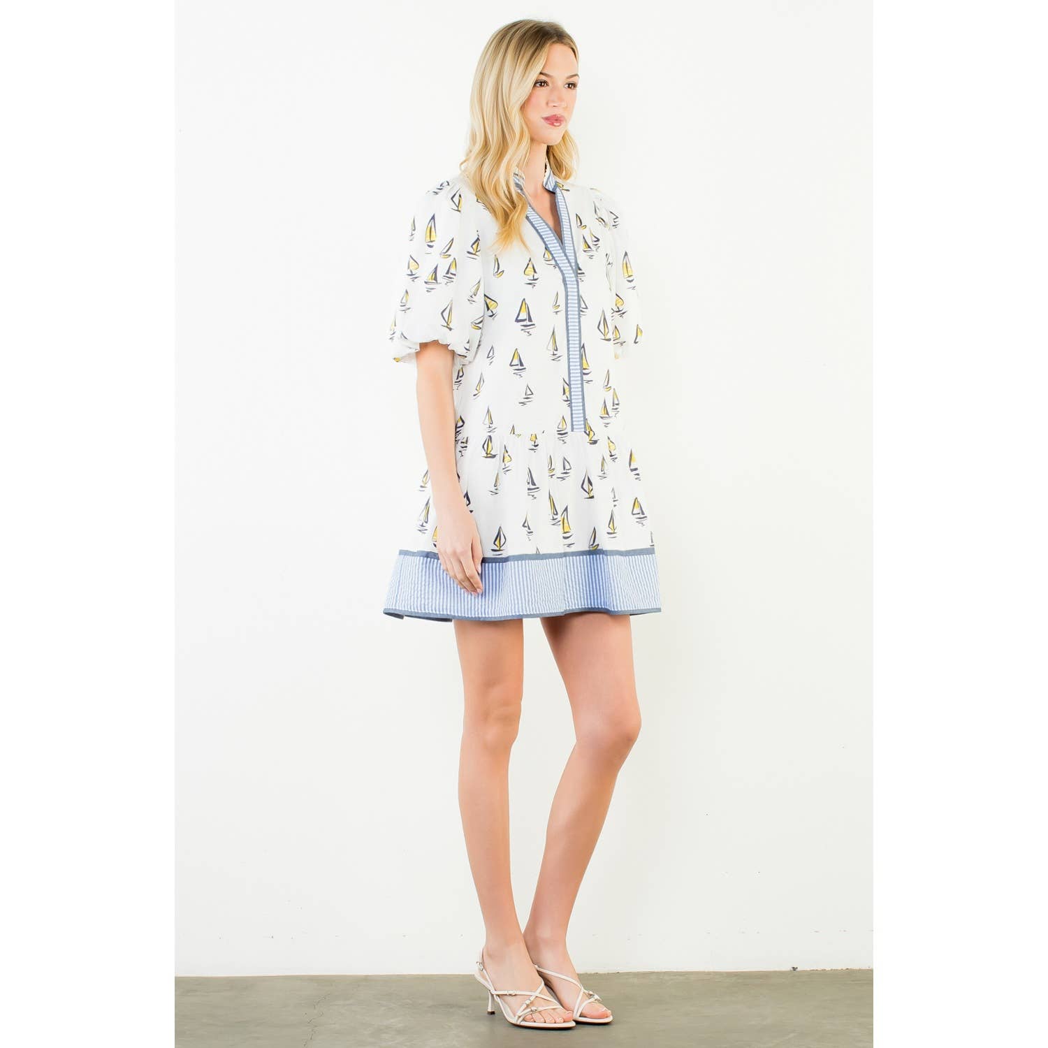 Puff Sleeve Sailboat Pattern Dress