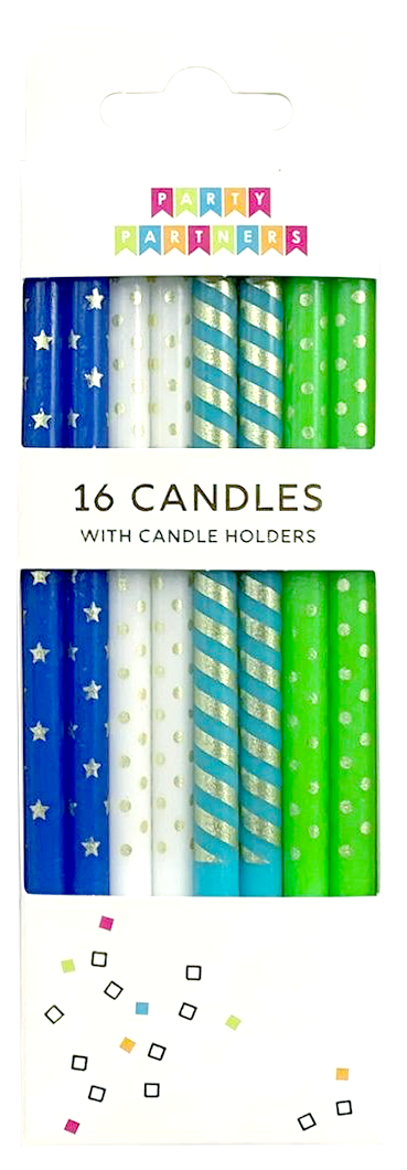 Blue &amp; Green Metallic Patterned 16 Candle Set