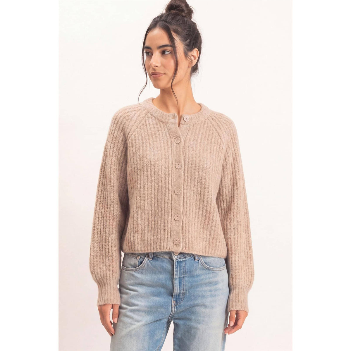 Ribbed Button-Front Crew Neck Cardigan