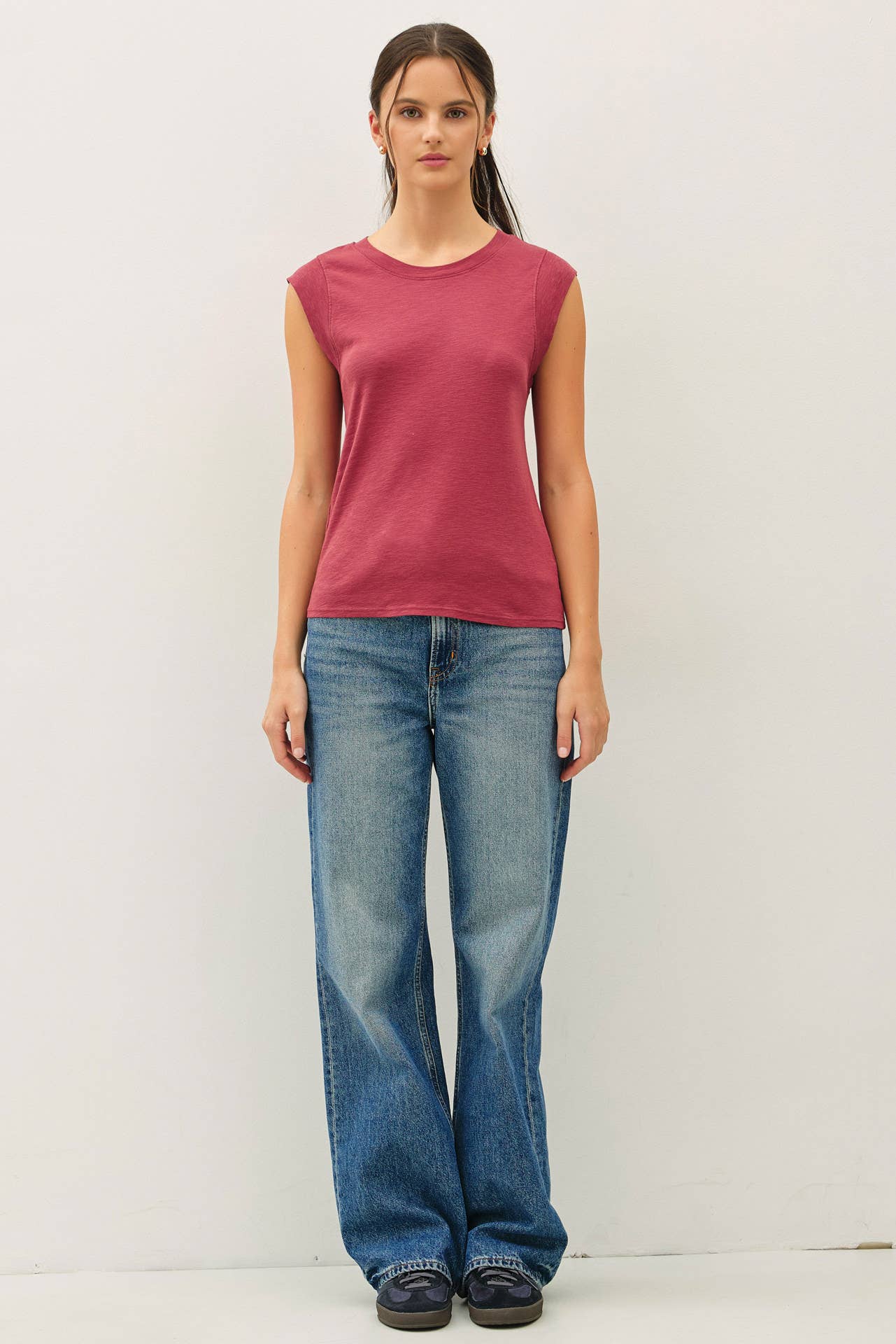 Basic Solid Cotton Crew Neck Cap Sleeve Tank Top