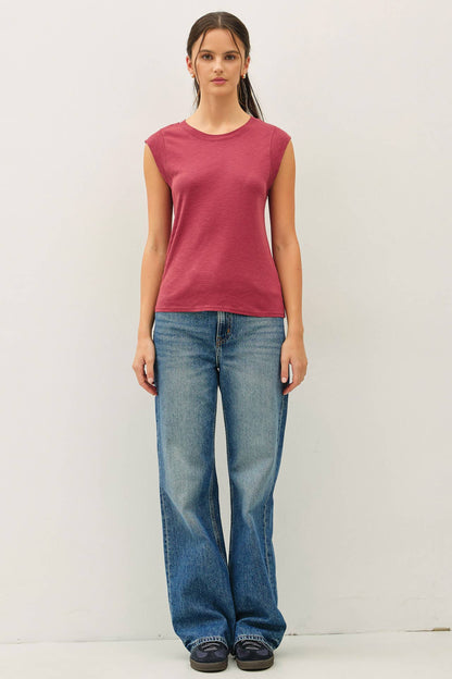 Basic Solid Cotton Crew Neck Cap Sleeve Tank Top