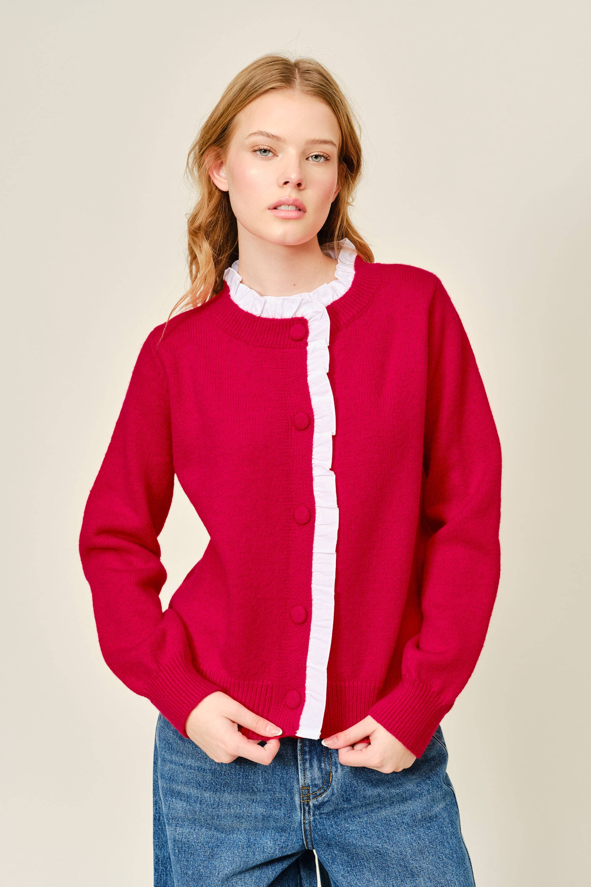 Contrast Ruffle Trim Knit Cardigan