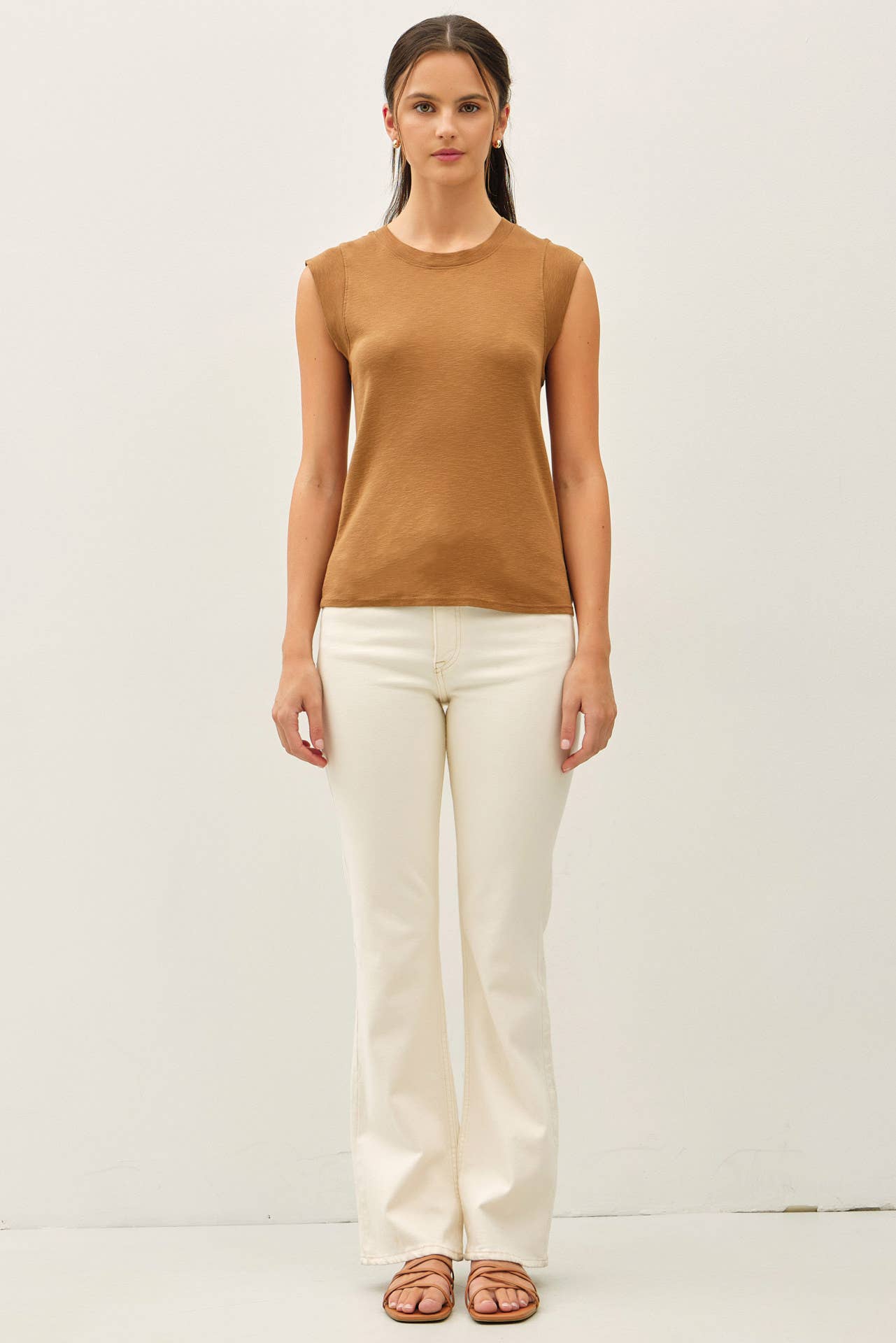 Basic Solid Cotton Crew Neck Cap Sleeve Tank Top