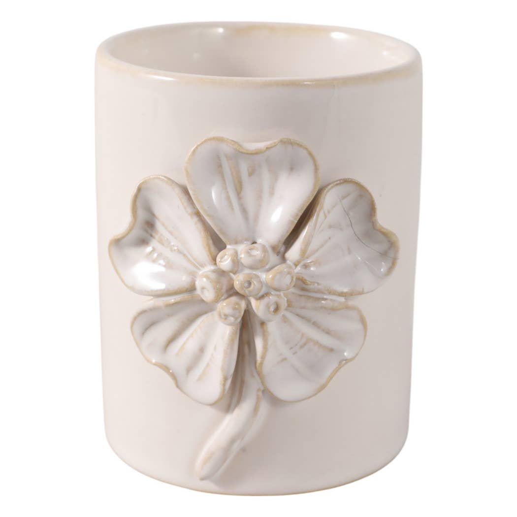 Ivory Ceramic Flower Applique Pencil Cup
