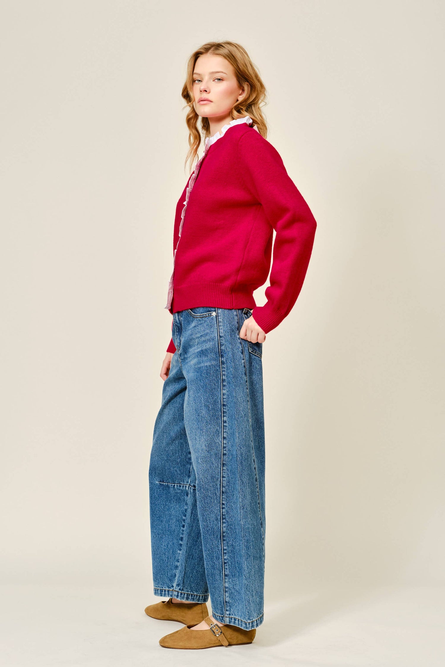 Contrast Ruffle Trim Knit Cardigan