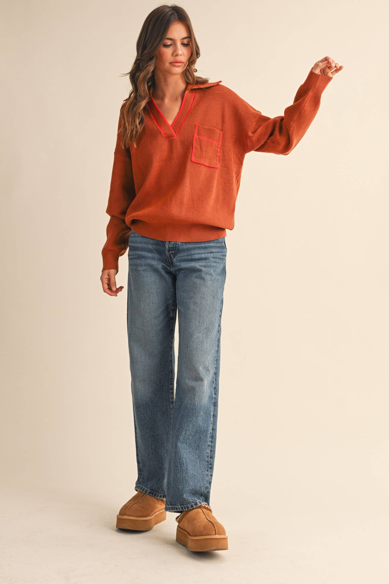 Ribbed Collared Pullover Sweater