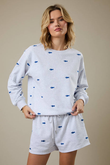 Crew Neck Long Sleeve Fish Embroidered Sweatshirt