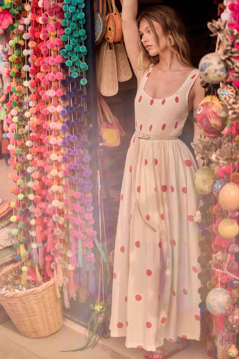 Polka Dot-Print Smocked Sleeveless Pocket Maxi Dress