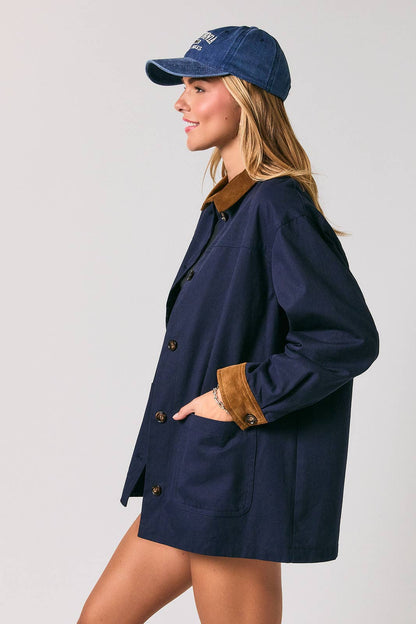 Twill &amp; Plaid Reversible Corduroy Collar Barn Jacket