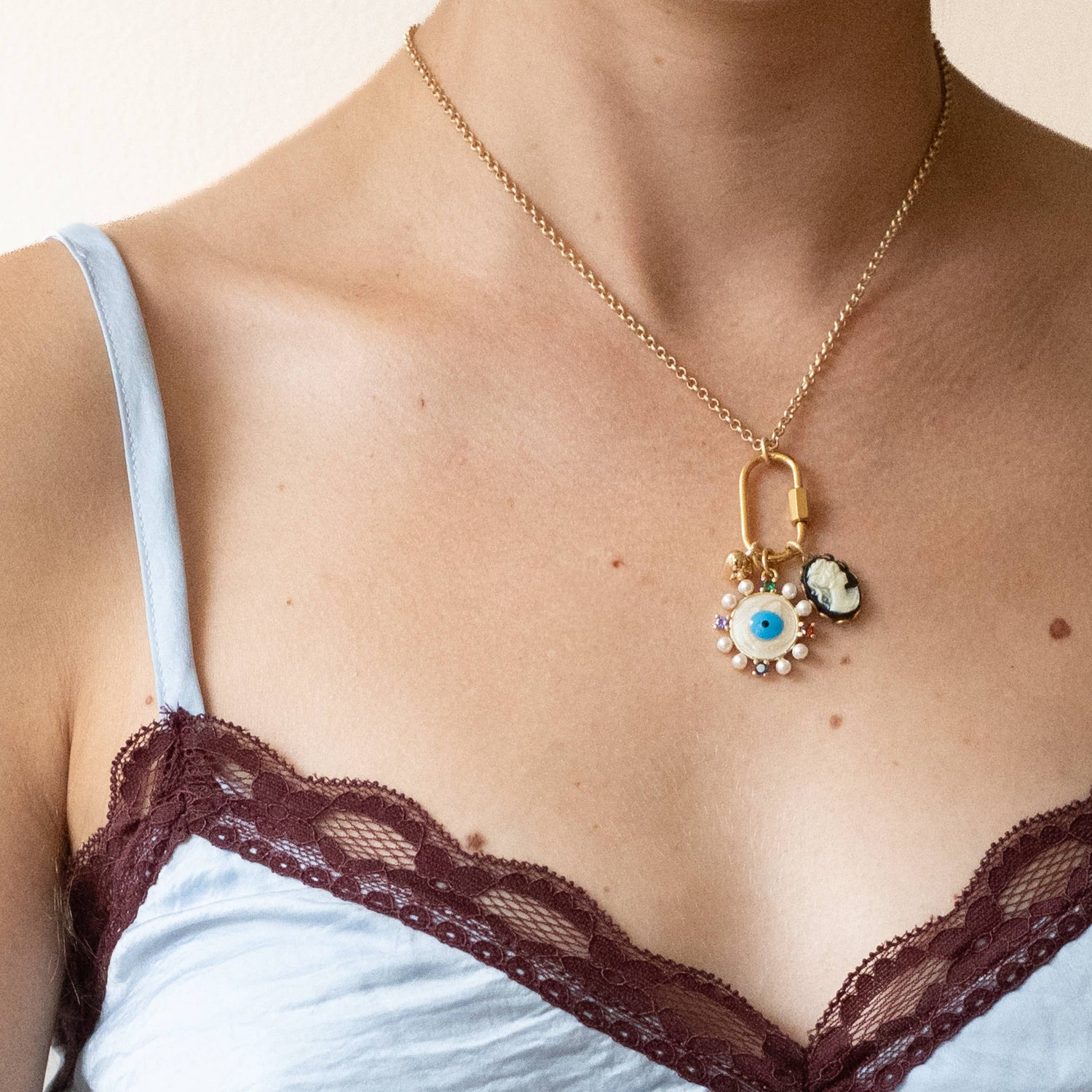 Evil Eye &amp; Cameo Charm Necklace with Gold Carabiner
