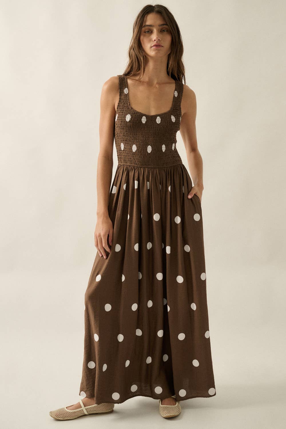 Polka Dot-Print Smocked Sleeveless Pocket Maxi Dress