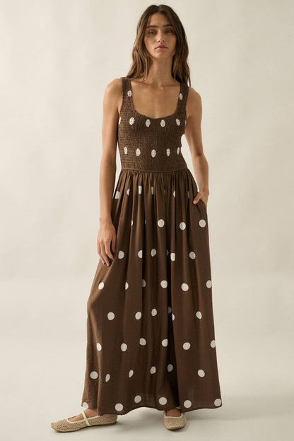 Polka Dot-Print Smocked Sleeveless Pocket Maxi Dress