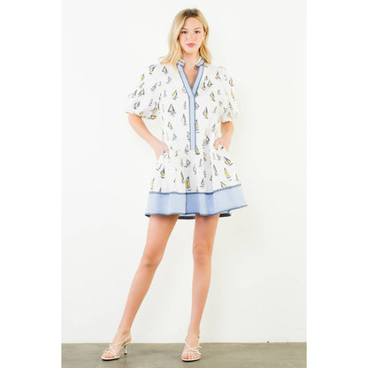 Puff Sleeve Sailboat Pattern Dress