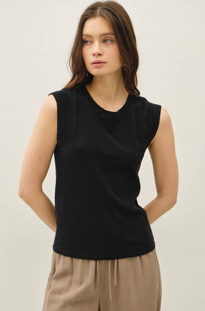 Basic Solid Cotton Crew Neck Cap Sleeve Tank Top