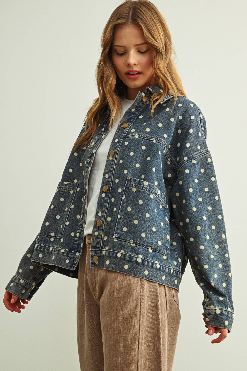 Polka Dot Button Front Denim Jacket