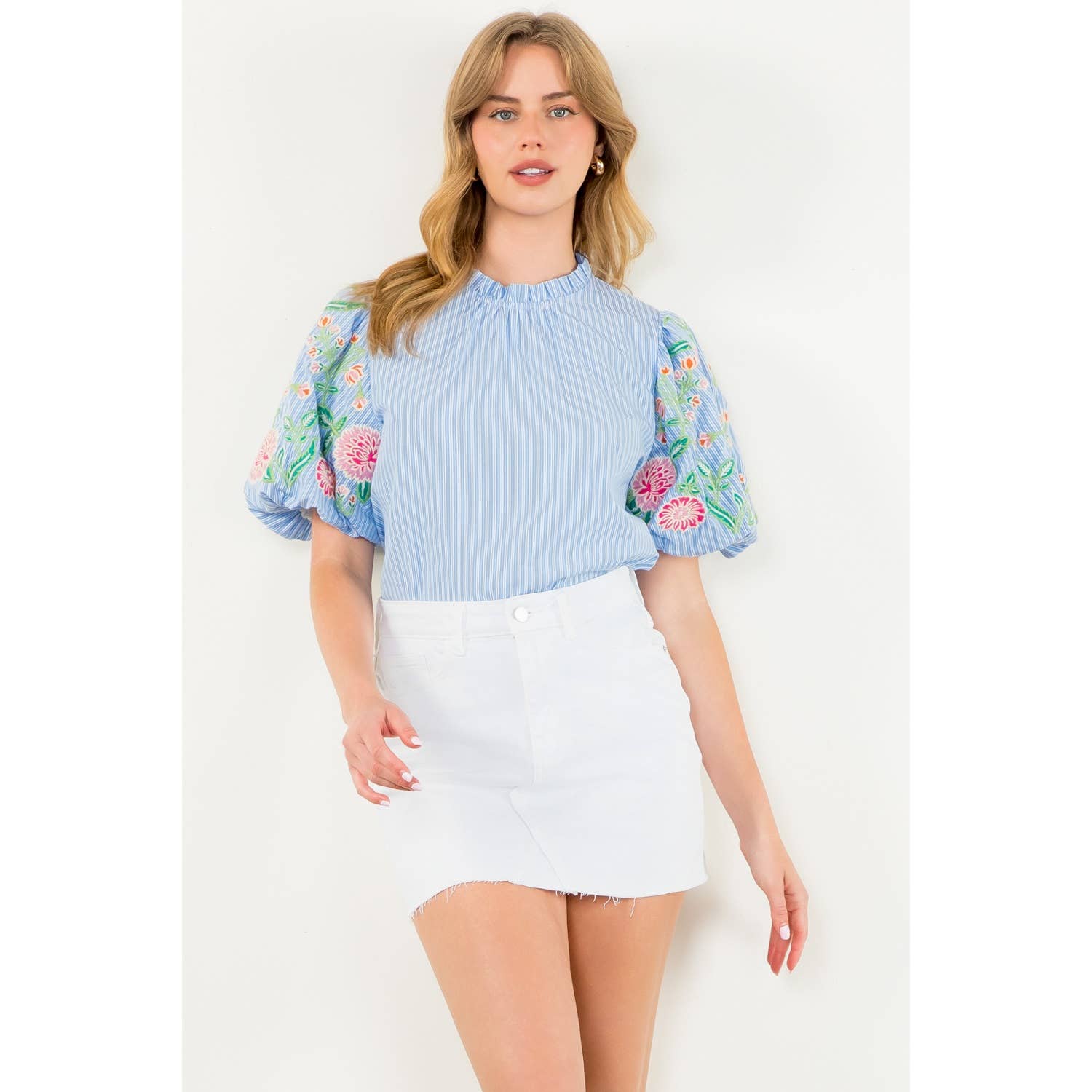 Embroidered Puff Sleeve Striped Top