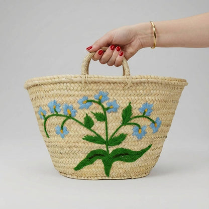 Woven Straw Market Basket Tote - Embroidered Blue Floral