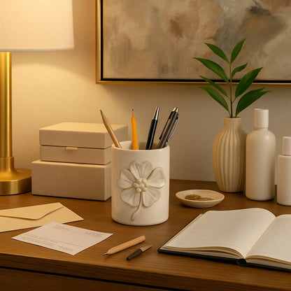 Ivory Ceramic Flower Applique Pencil Cup