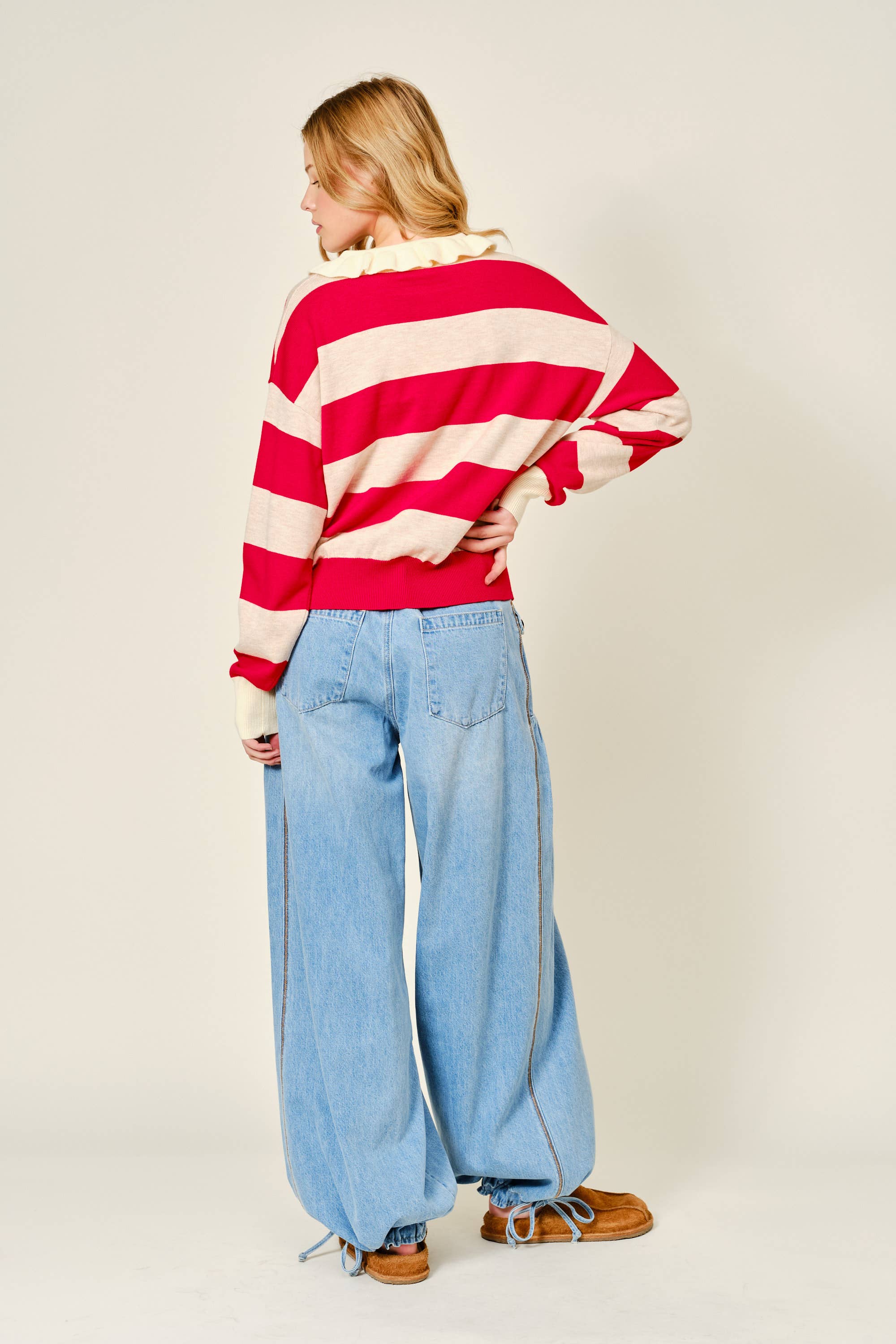 Striped Ruffle Collar Polo Style Sweater