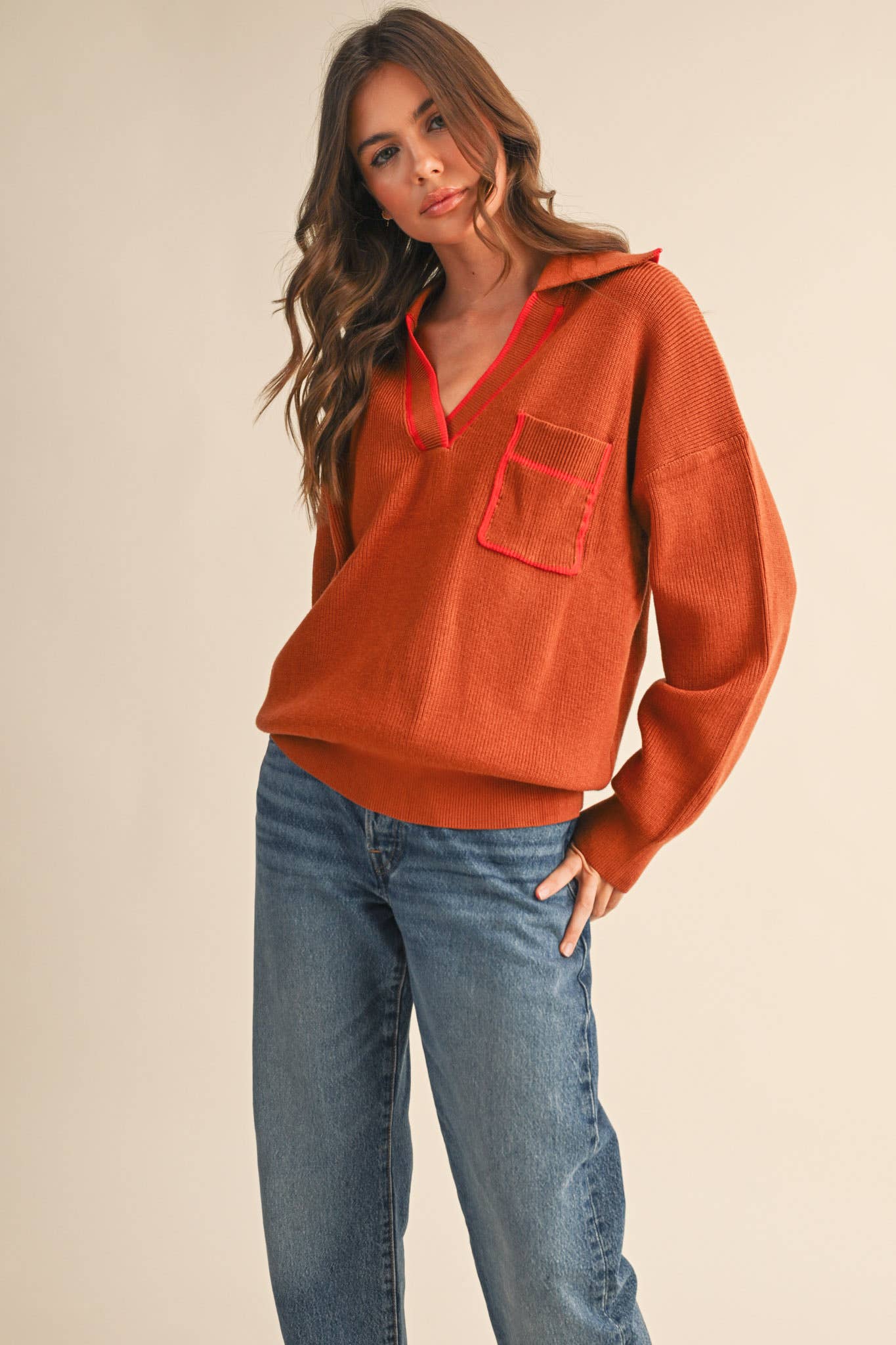 Ribbed Collared Pullover Sweater