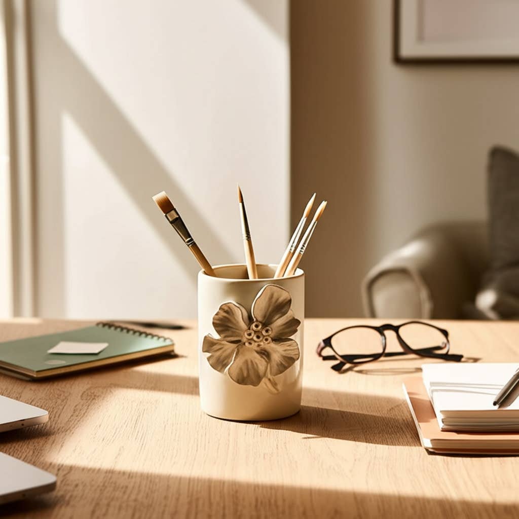 Ivory Ceramic Flower Applique Pencil Cup