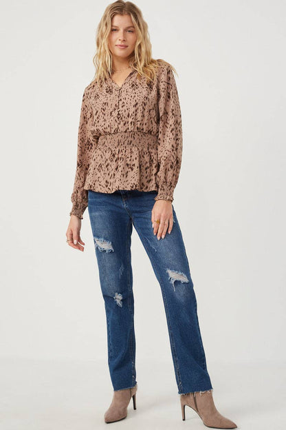 Womens Animal Print Smocked Collar Top