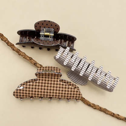 Jumbo Stripe Plaid Oval Hair Claw Clips