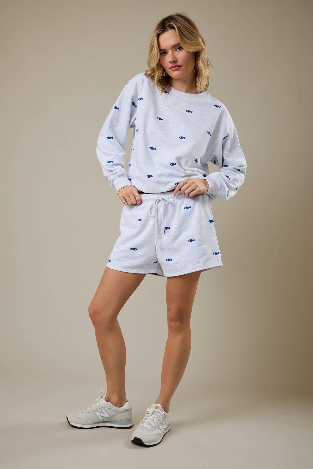 High Rise Elastic Waistband Fish Embroidered Sweatshorts