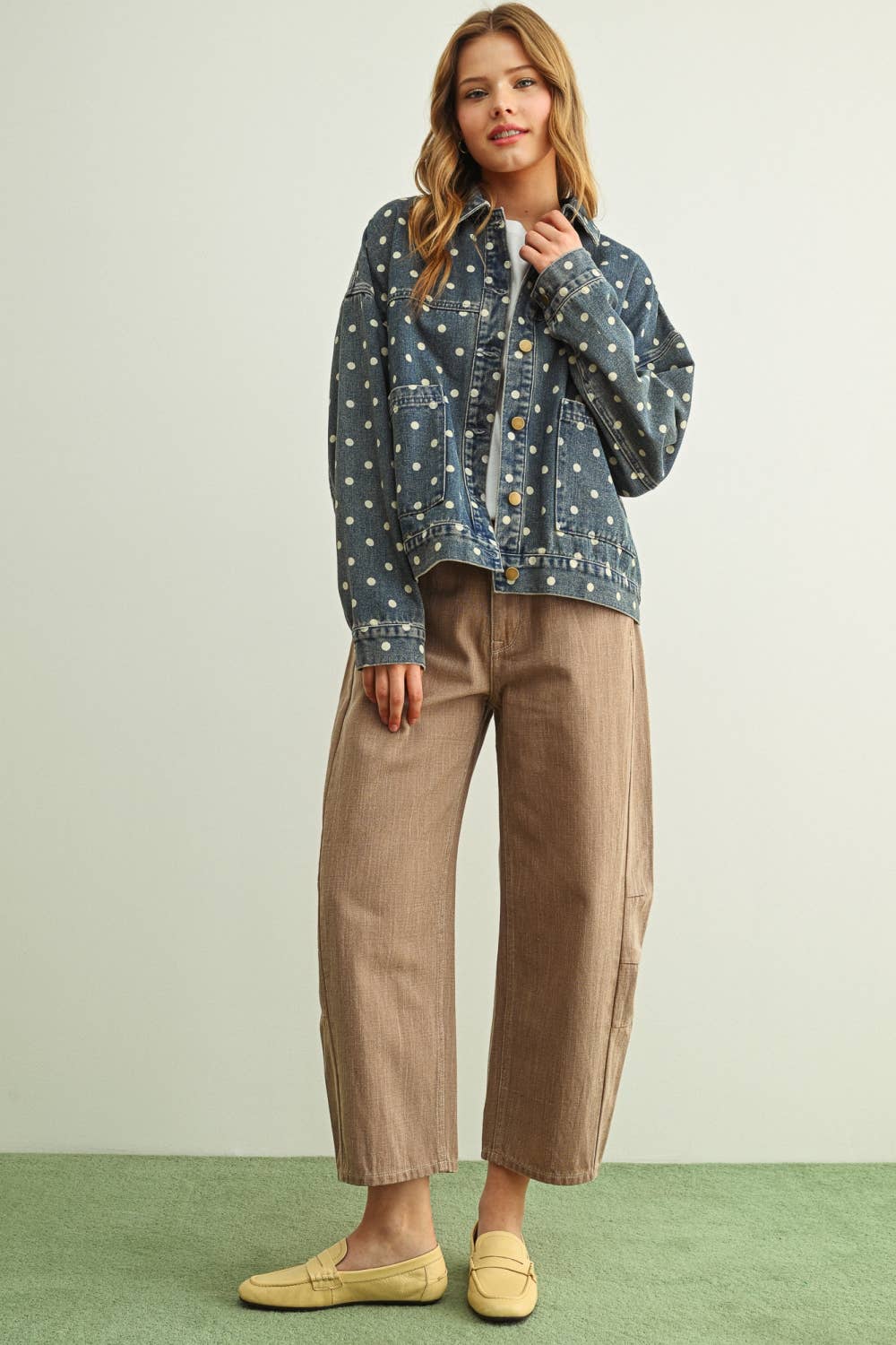 Polka Dot Button Front Denim Jacket
