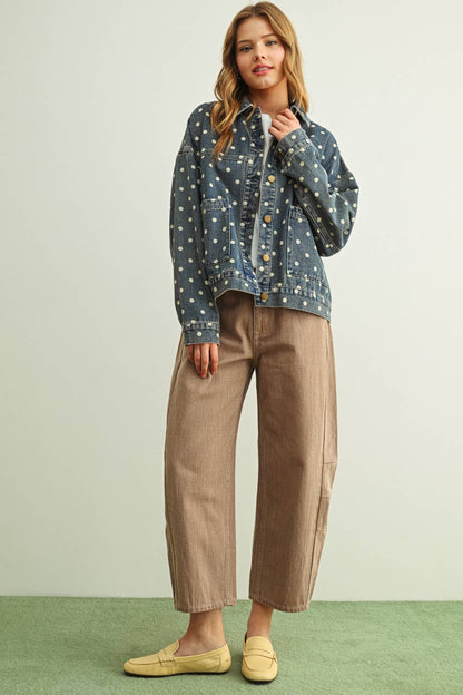Polka Dot Button Front Denim Jacket
