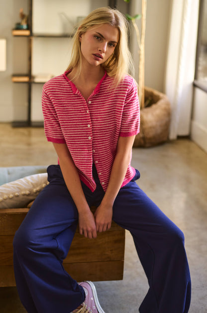 Striped Short Sleeve Button Cardigan