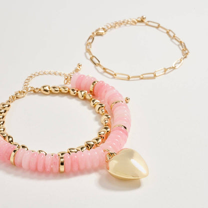 Gold Heart Charm Beaded Bracelet Set