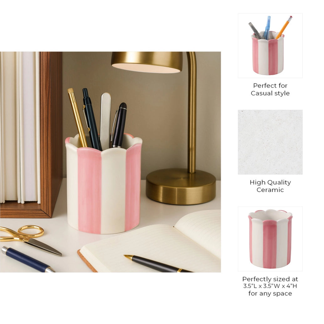 Pencil Cup - Pink/Ivory Ceramic Decorative Striped