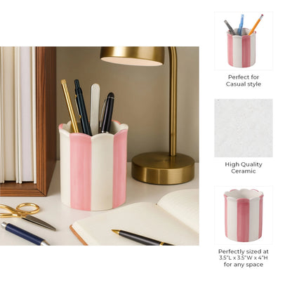 Pencil Cup - Pink/Ivory Ceramic Decorative Striped