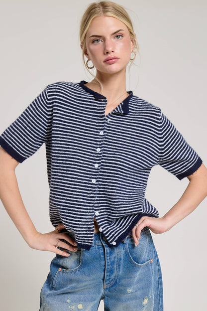 Striped Short Sleeve Button Cardigan
