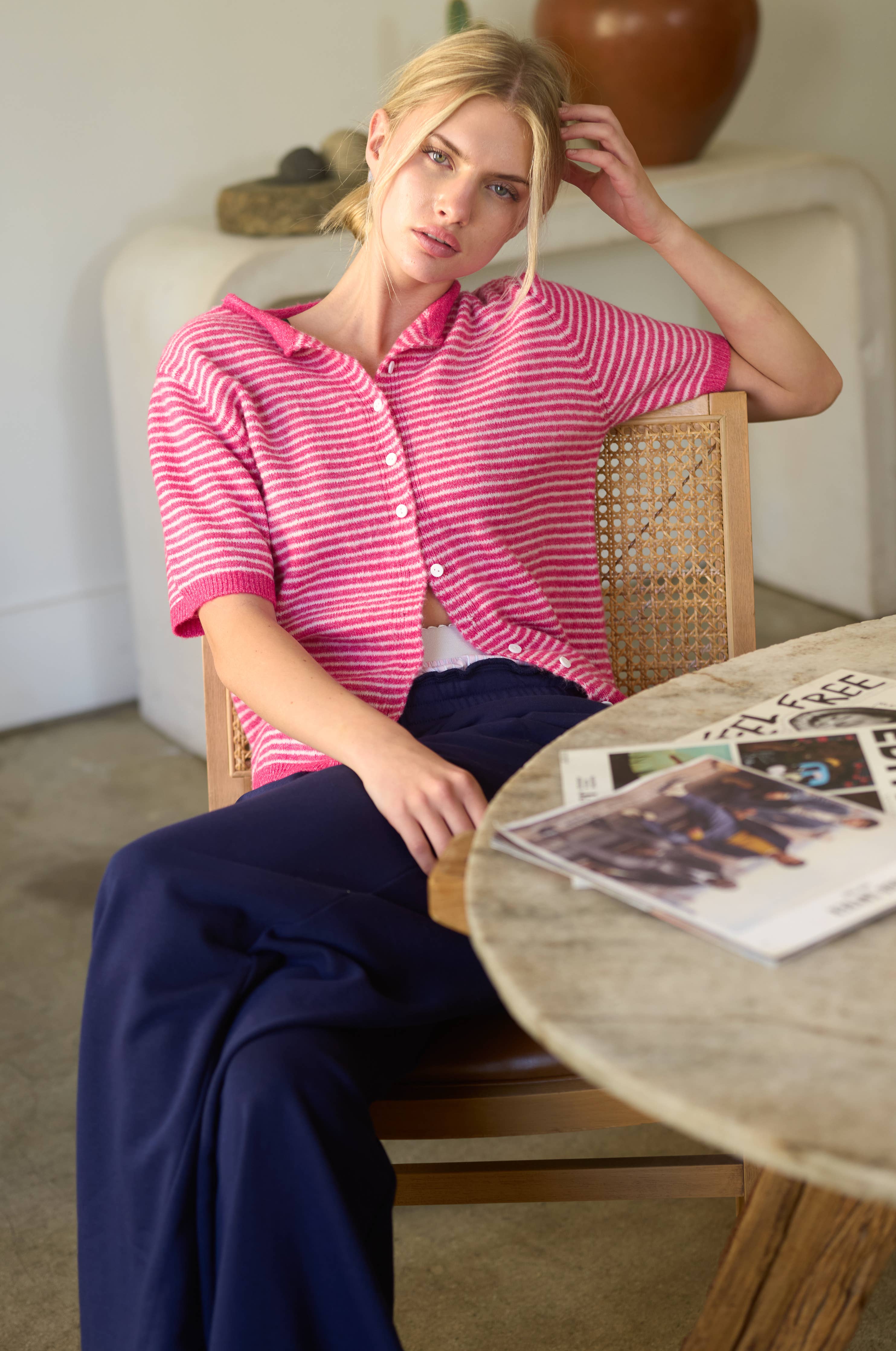 Striped Short Sleeve Button Cardigan