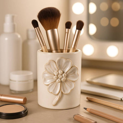 Ivory Ceramic Flower Applique Pencil Cup