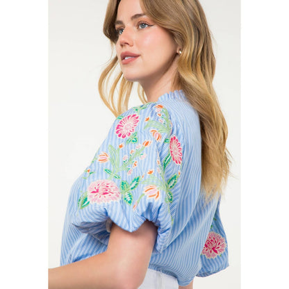 Embroidered Puff Sleeve Striped Top