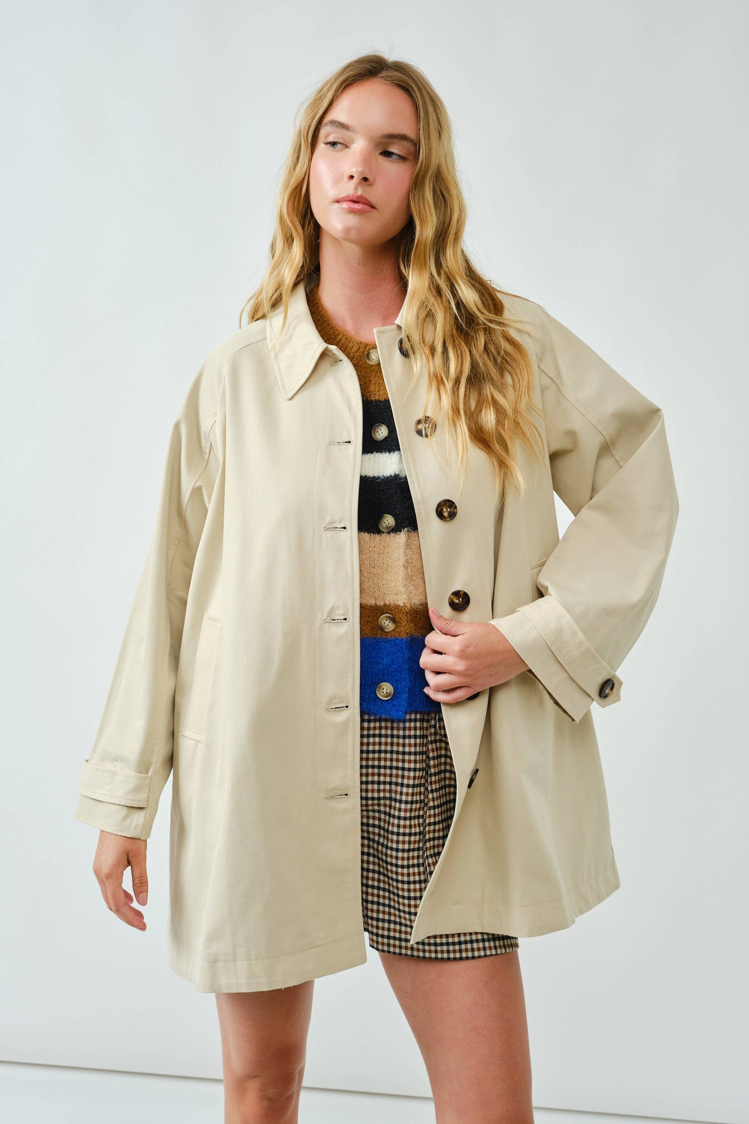 A Line Trench Coat with Plaid Lining